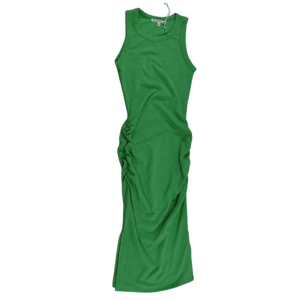 ANTISTAR XS Green Ribbed Tank Dress Sleeveless Ruched Bodycon Midi NEW